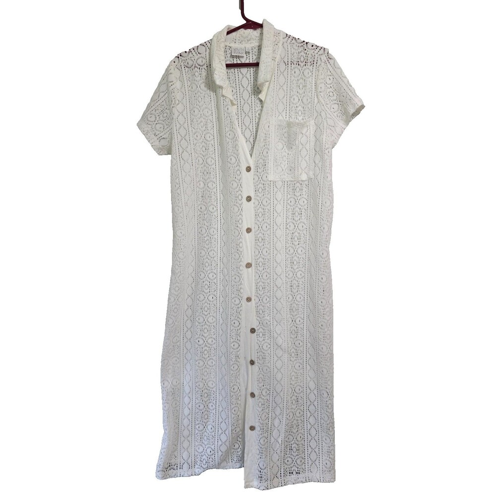 Beach Break Large Womens White Lace Button Up Blouse Top Cover Up